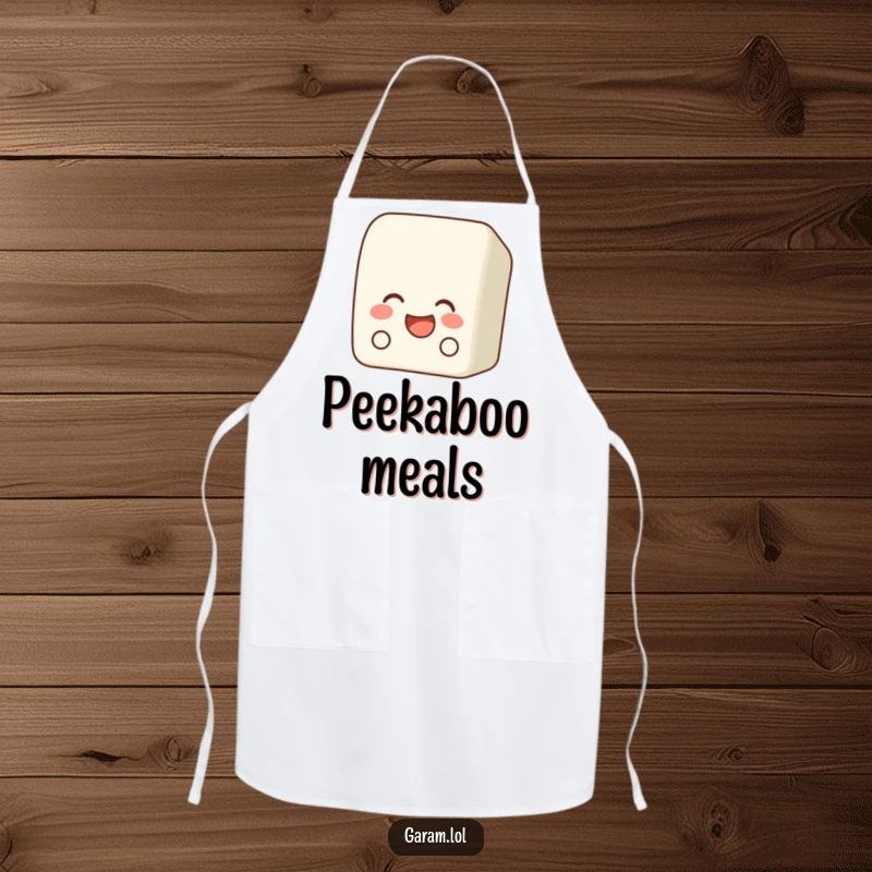 Funny bento box apron showcasing a laughing bento box peeking out, adding humor to kitchen tasks.