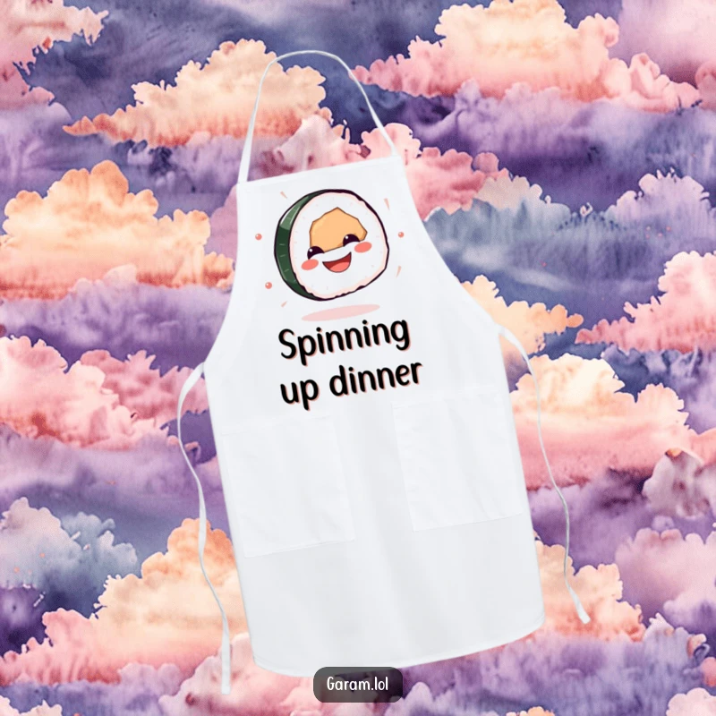 Funny sushi apron showcasing a grinning sushi piece spinning with glee, adding humor to cooking and kitchen tasks.