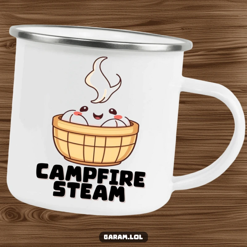 Funny camping mug with a cheerful dim sum basket and happy steam, perfect for enjoying warm beverages outdoors.