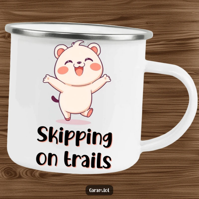 Funny bao camping mug featuring a delighted bao skipping playfully with a wide smile, designed for durability.