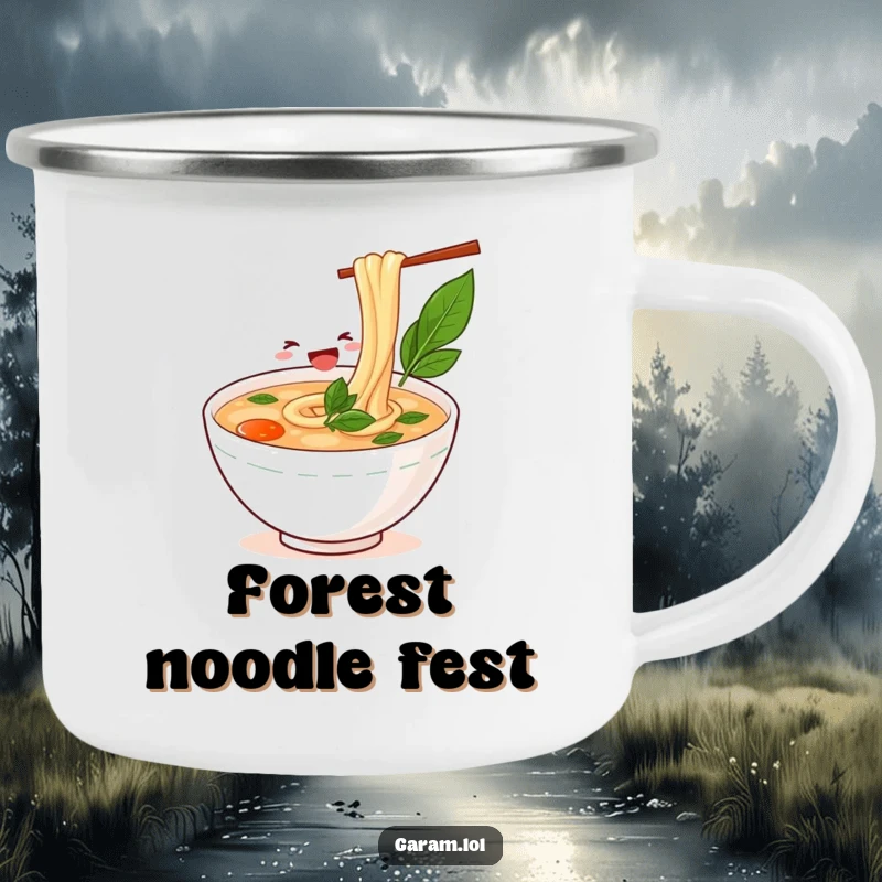Funny bowl of pho happily slurping a noodle on a durable camping mug, ideal for outdoor dining.