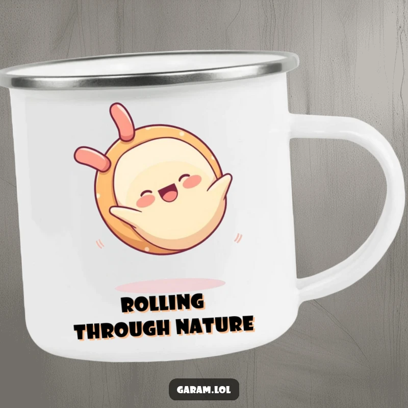 Funny camping mug with a cheerful spring roll performing a somersault, perfect for outdoor enjoyment.