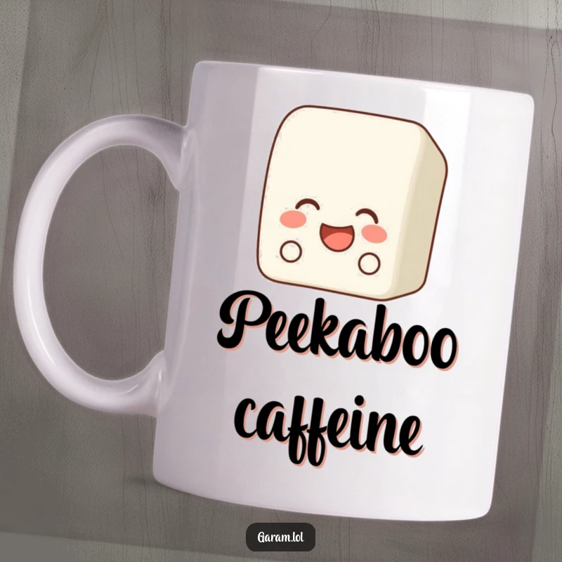 Funny bento box mug showcasing a laughing bento box peeking out from behind another item, full of playful mischief.