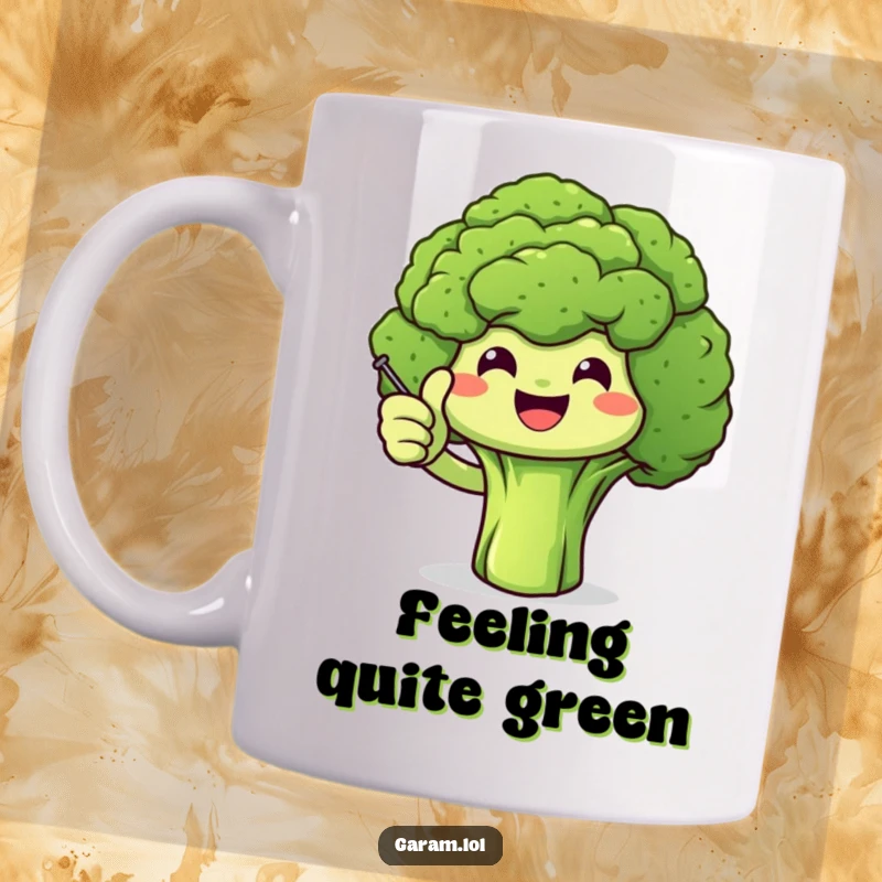 Funny smiling broccoli giving a thumbs up with a tiny stick on a mug, promoting healthy vibes and humor.