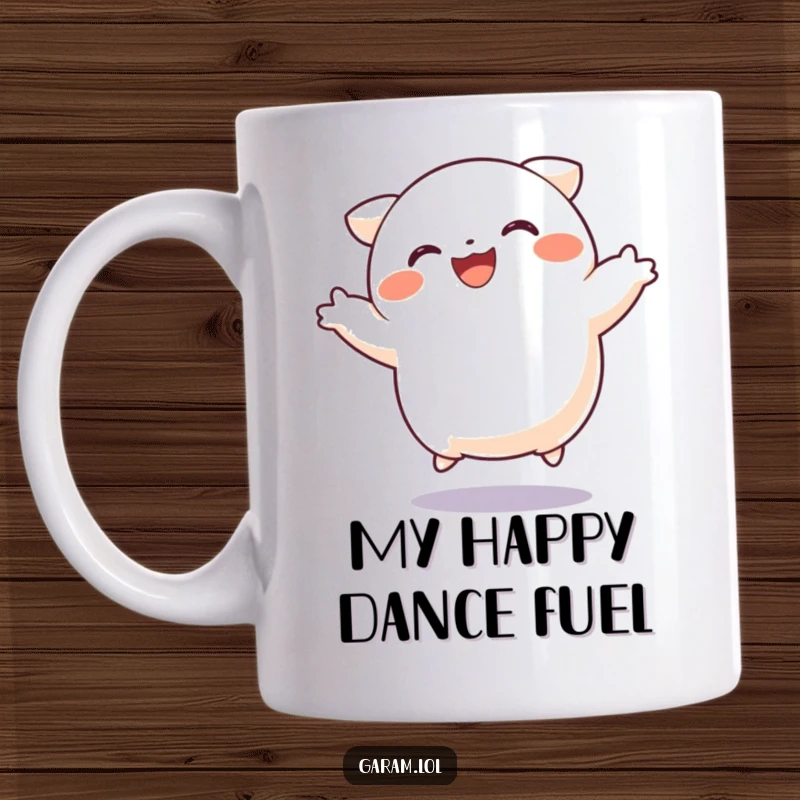 Funny dumpling mug featuring a joyful dumpling mid-jump, conveying pure happiness and excitement in a cute, cartoonish style.