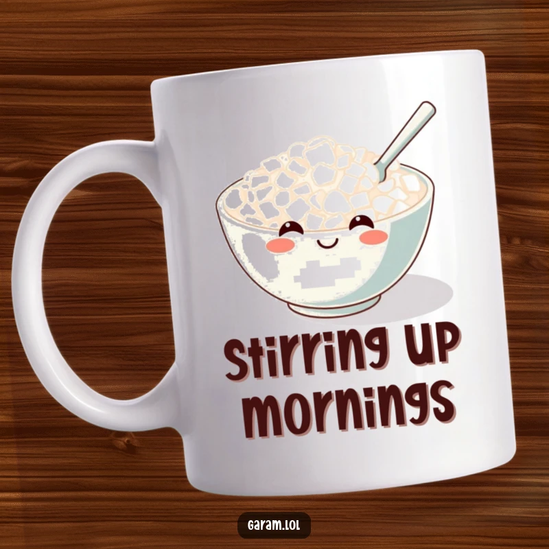 Funny mug illustration of a happy rice bowl with a smiling face, being stirred by a tiny spoon.