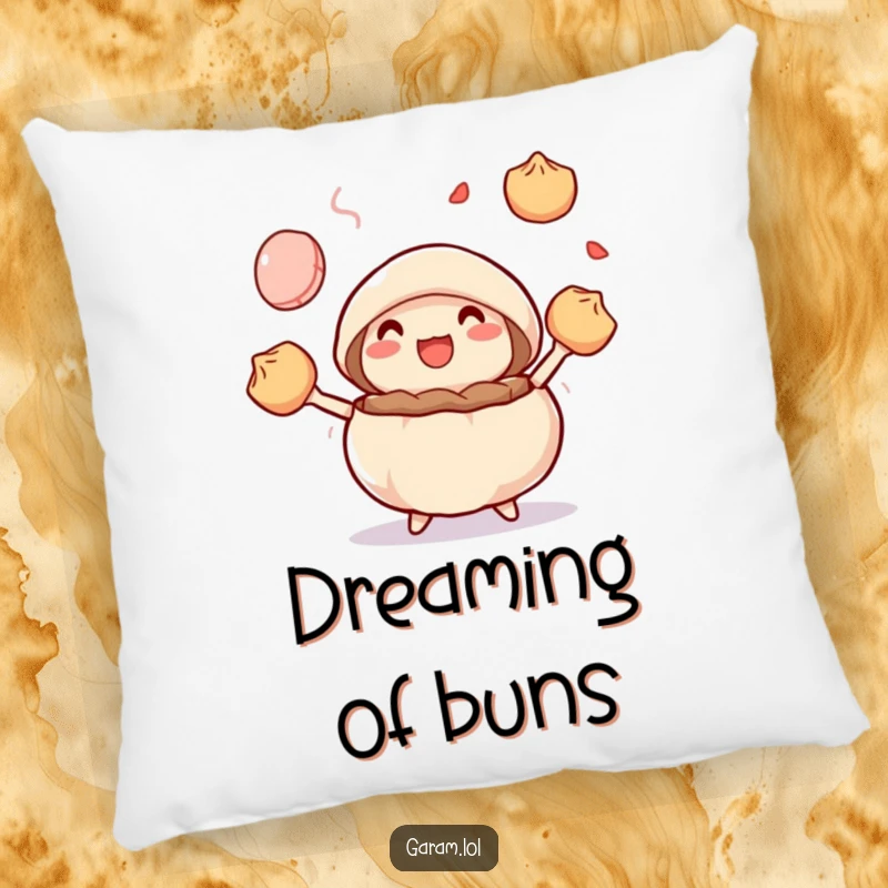 Funny steamed bun juggling colorful dumplings on a soft pillow, perfect for comfort and dim sum lovers.