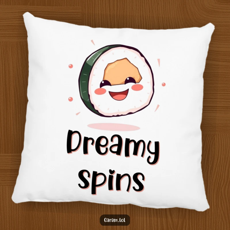 Funny sushi pillow featuring a cute, grinning sushi piece spinning with glee, perfect for adding comfort and humor.