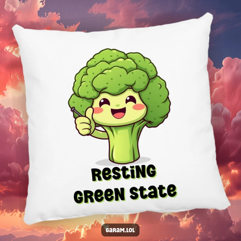 Funny broccoli character giving a thumbs up on a soft, comfortable pillow, adding humor to any living space.