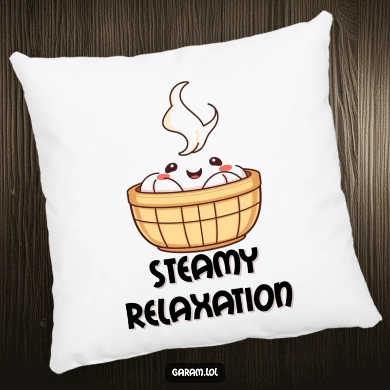 Funny pillow design of a happy dim sum basket with steam rising, perfect for cozying up with humor.