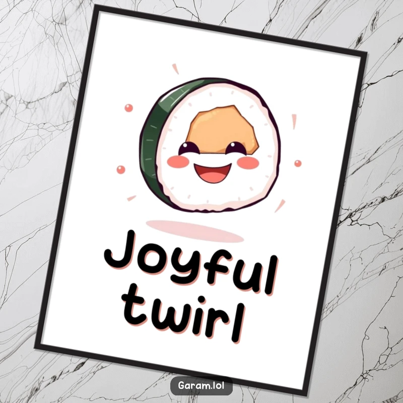 Funny sushi digital art print of a grinning sushi piece spinning gleefully, ideal for instant, energetic wall decor.