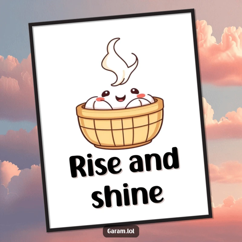 Funny digital art of a happy dim sum basket with steam rising, conveying cozy comfort and good cheer.