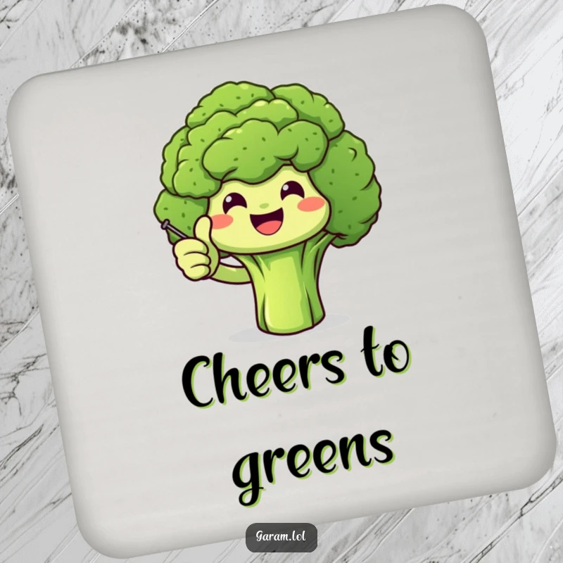 Funny broccoli giving a thumbs up on a coaster, adding a humorous and positive touch to drink service.