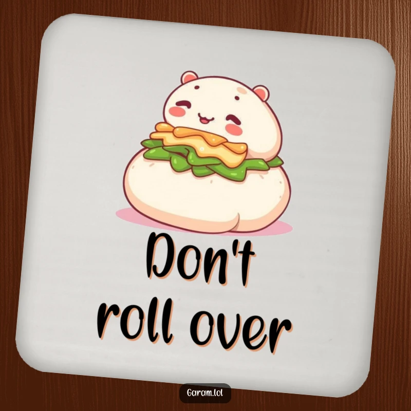 Funny coaster featuring a cute bao bun joyfully rolling down a gentle slope, protecting surfaces with humor.