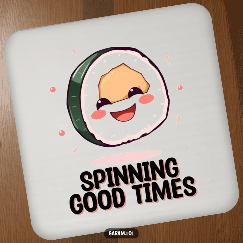 Funny sushi drink coasters displaying a grinning sushi piece in a gleeful spin, protecting surfaces with humor.