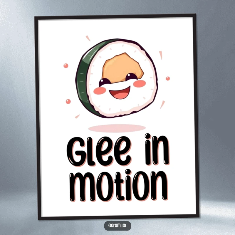 Funny sushi poster depicting a grinning sushi piece in a gleeful and energetic spin, perfect for wall decor.