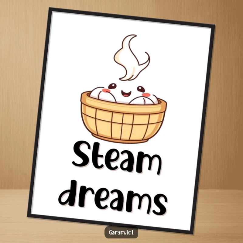 Funny poster featuring a happy dim sum basket with cheerful steam rising, creating a warm and inviting atmosphere.