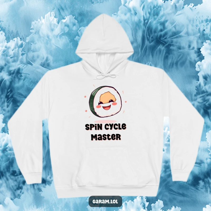 Funny sushi hoodie featuring a grinning sushi piece spinning with glee, designed for comfort and a touch of humor.