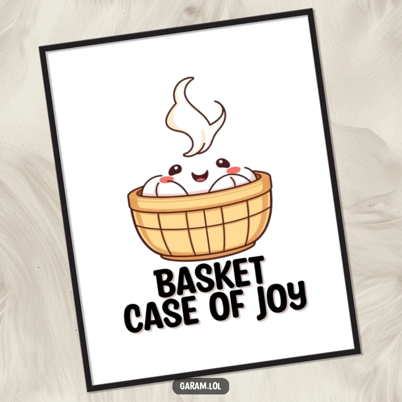 Funny free printable wall art of a cheerful dim sum basket with happily rising steam, adding a cozy and humorous touch to any space.