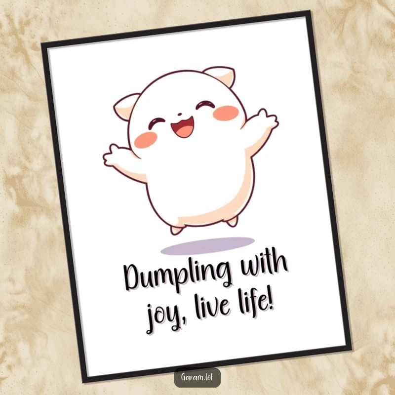 Funny free printable dumpling wall art, a characterful dumpling mid-jump with pure excitement, unique downloadable art.