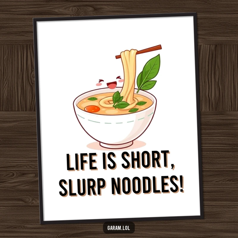 Funny Free Printable Wall Art: A joyful bowl of pho happily slurps a long noodle, bringing a taste of fun to any room.