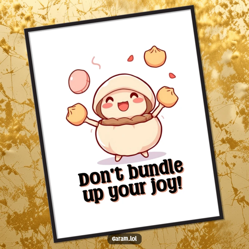 Funny Free Printable Wall Art: A delighted steamed bun expertly juggles several colorful dumplings, creating a vibrant, amusing scene.