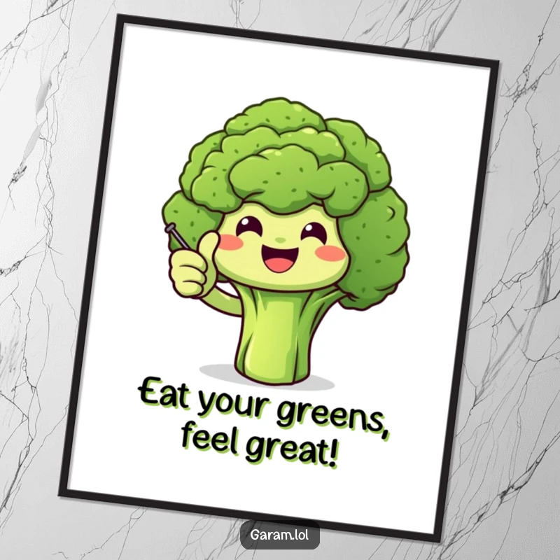 Funny Free Printable Wall Art: A happy green broccoli gives a cheerful thumbs up with a small stick, radiating positivity.