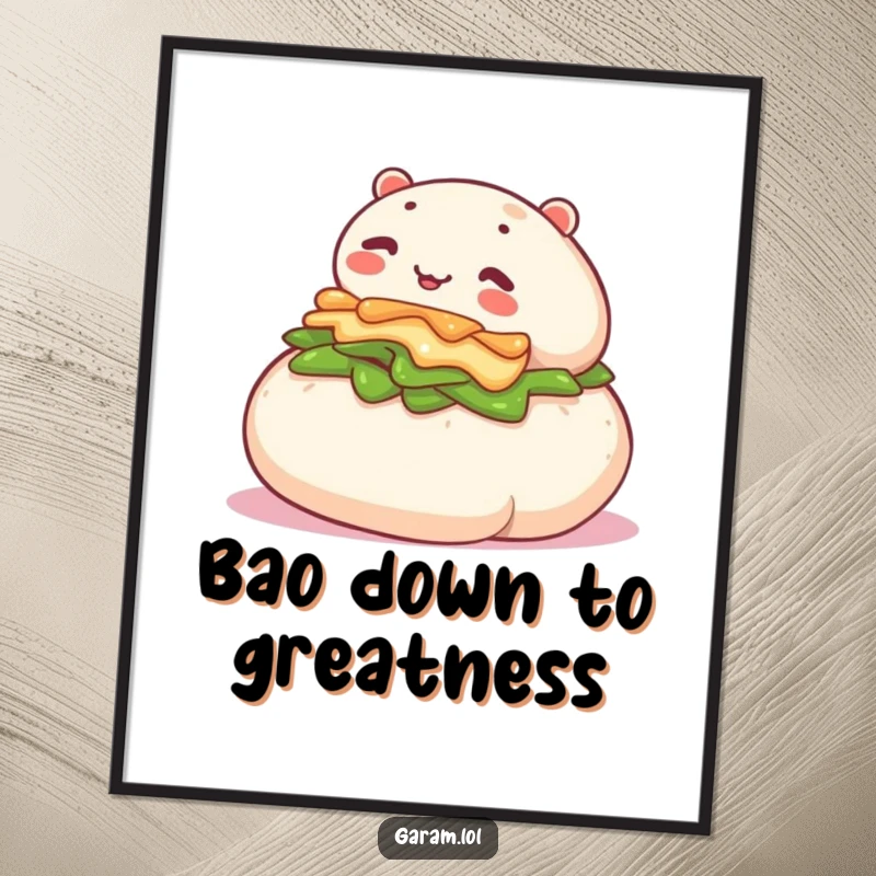 Funny free printable wall art depicting a cute bao bun comically rolling down a hill, adding whimsical charm to any room.