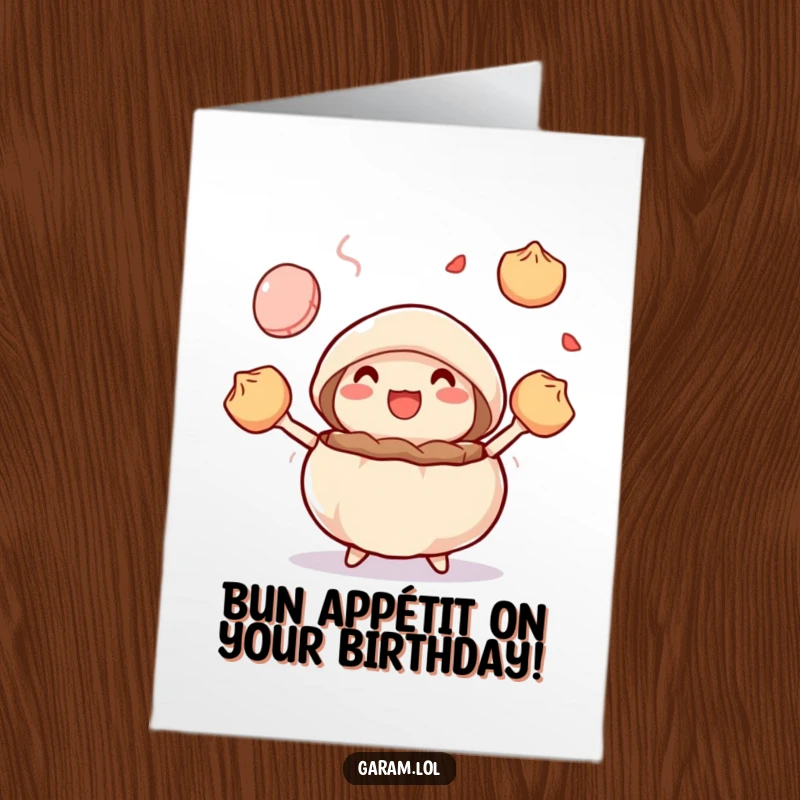 Funny Free Printable Birthday Card: A delighted steamed bun happily juggles several colorful dumplings, celebrating a birthday with flair.