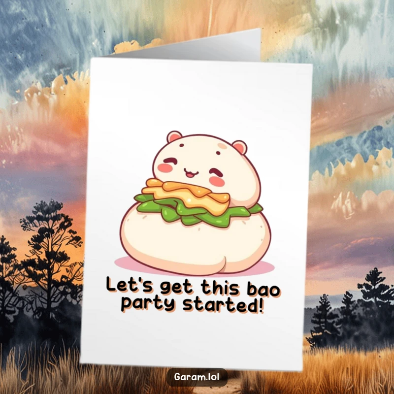 Funny free printable birthday card featuring a cute bao bun joyfully rolling down a gentle slope, ready to make someone laugh.
