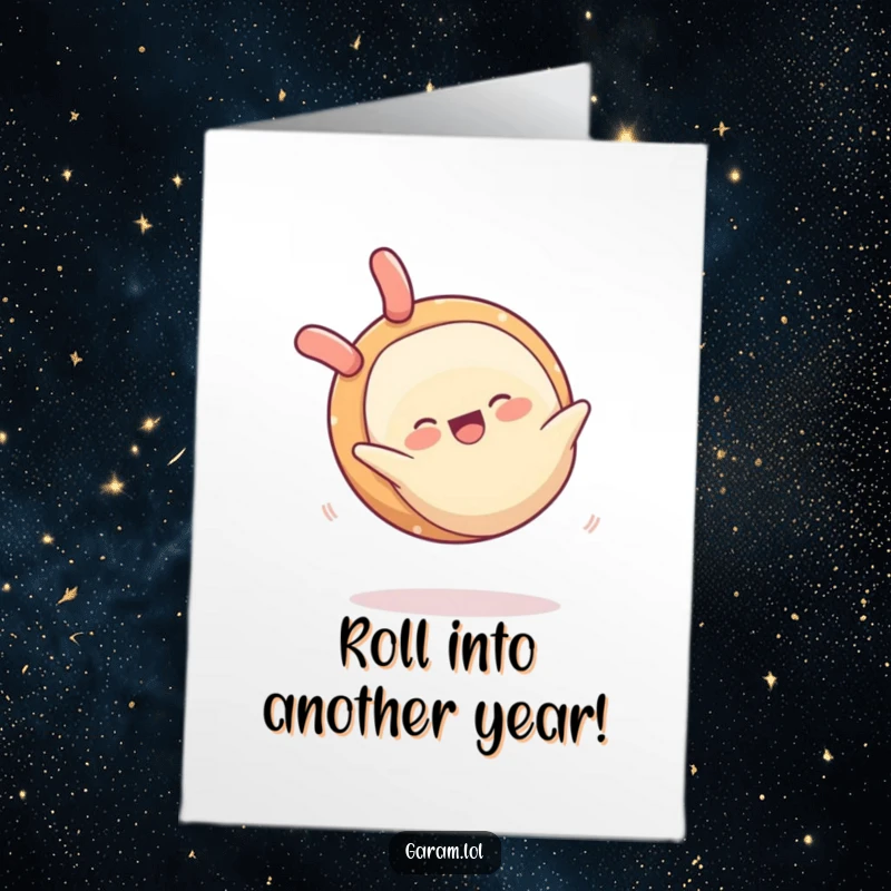 Funny free printable birthday card showing a happy spring roll performing a somersault, celebrating with energetic fun.