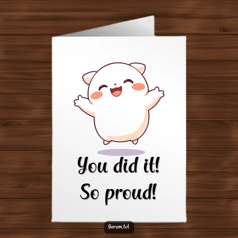 Funny free printable dumpling congratulations card, a happy dumpling jumping with glee, ideal for celebration downloads.