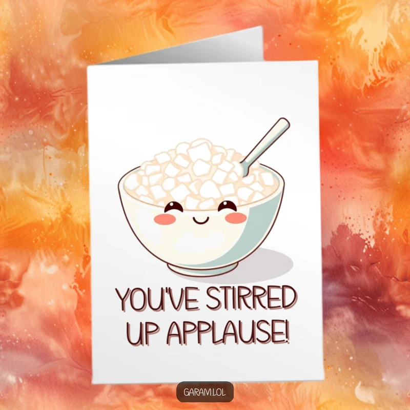 Funny free printable congratulations card with a smiling rice bowl and tiny spoon, celebrating achievements with culinary charm.