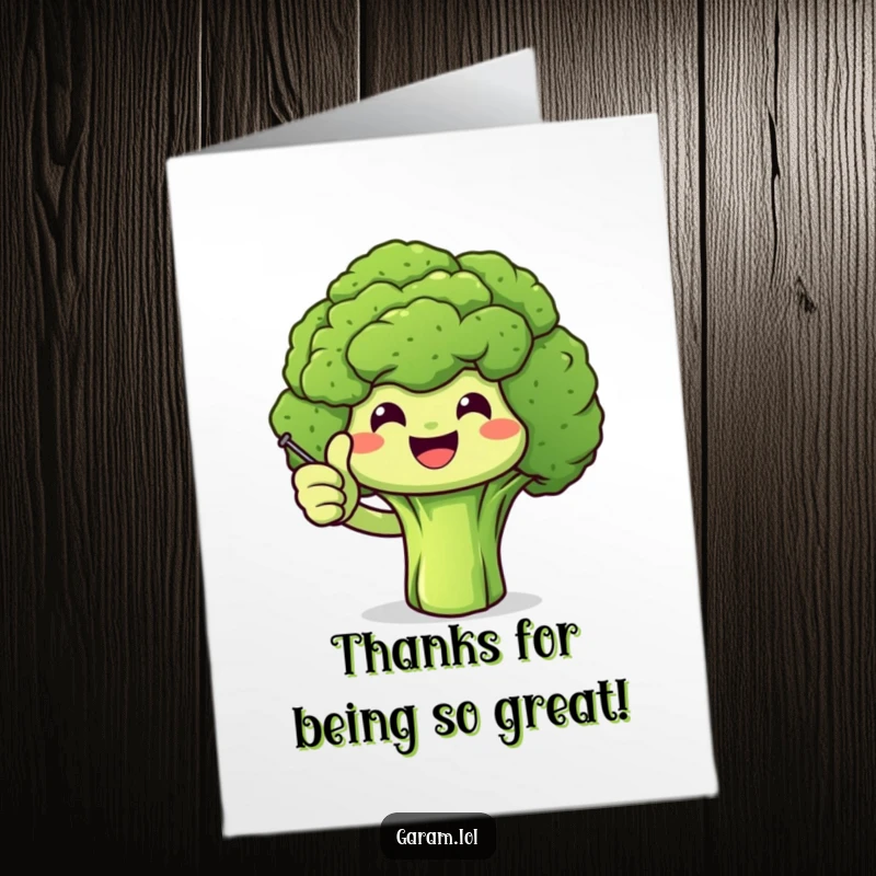 Funny Free Printable Thank You Card: A smiling broccoli excitedly gives a thumbs up with a tiny stick to show gratitude.