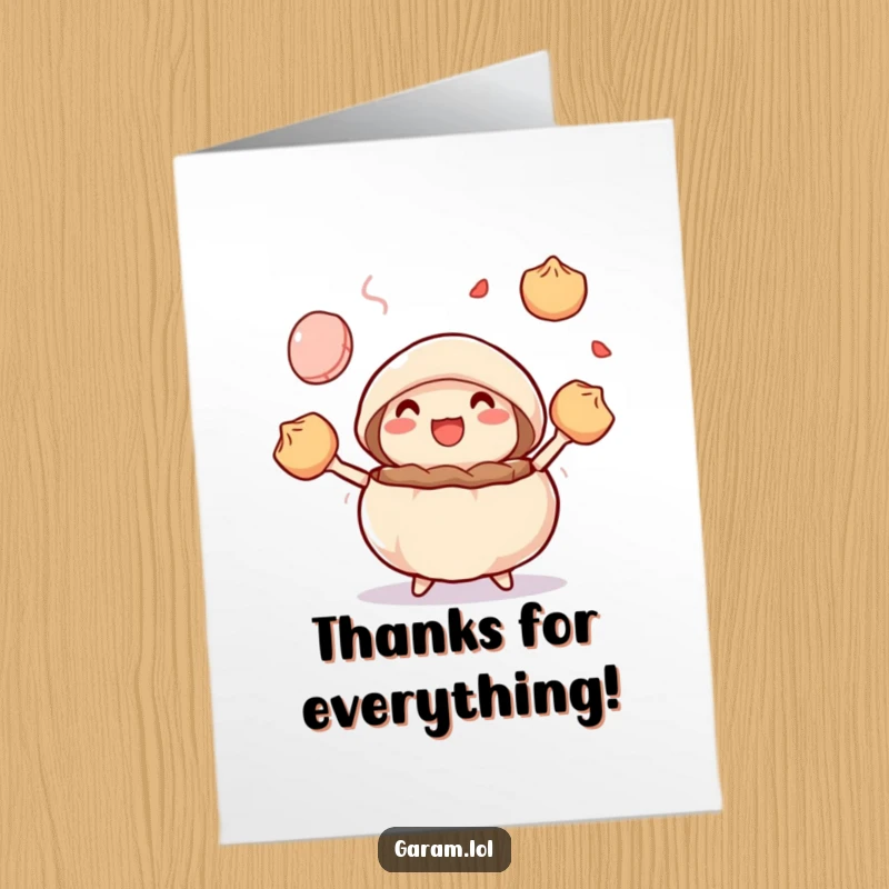 Funny Free Printable Thank You Card: A delighted steamed bun juggles colorful dumplings, sending a spectacular thank you.