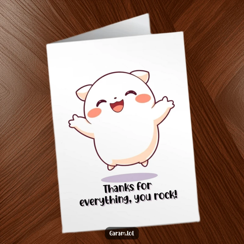 Funny free printable dumpling thank you card, a dumpling mid-air jump, conveying gratitude with humor, print at home.