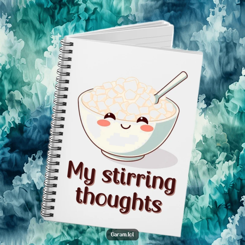 Funny notebook cover featuring a smiling rice bowl with a tiny spoon, encouraging writing and note-taking.