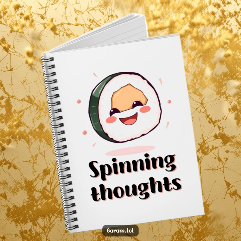 Funny sushi notebook with a grinning sushi piece spinning gleefully, perfect for notes, sketches, and planning.