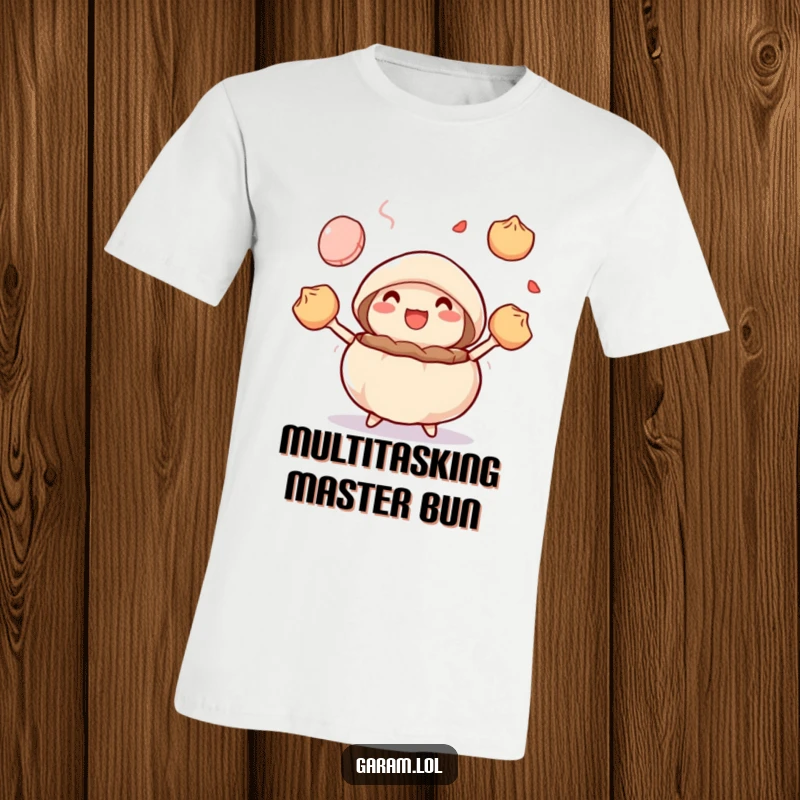 Funny steamed bun character joyfully juggling colorful dumplings on a t-shirt, perfect for dim sum lovers.