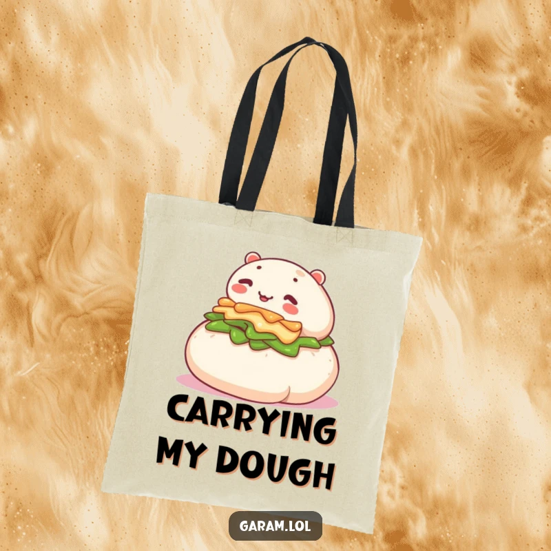 Funny tote bag featuring a cheerful bao bun in motion, rolling happily down a slope, ready for adventure.