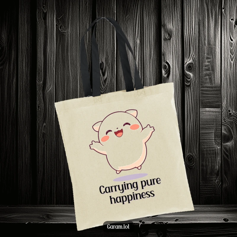 Funny dumpling tote bag showing a joyful dumpling mid-jump, ideal for shopping and carrying essentials with a dose of humor.