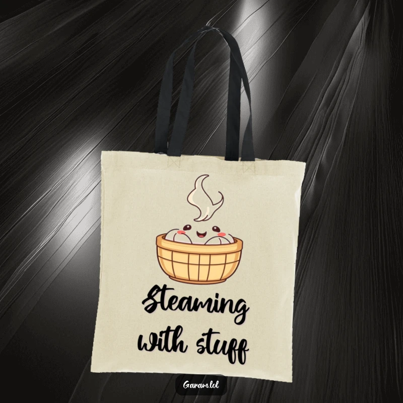 Funny tote bag illustration of a cheerful dim sum basket with happy steam rising, ready for any outing.