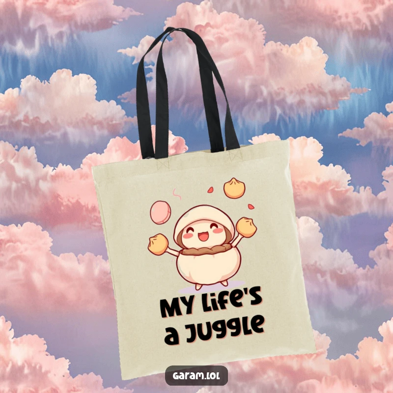 Funny steamed bun juggling colorful dumplings on a versatile tote bag, perfect for dim sum outings.
