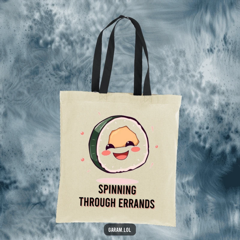 Funny sushi tote bag with a grinning sushi piece spinning happily, ideal for carrying items with a playful vibe.