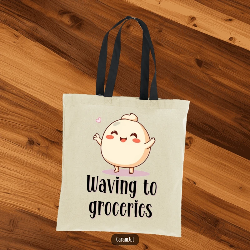 Funny steamed bun tote bag featuring a happy bun waving with its legs, ideal for carrying essentials with cheer.